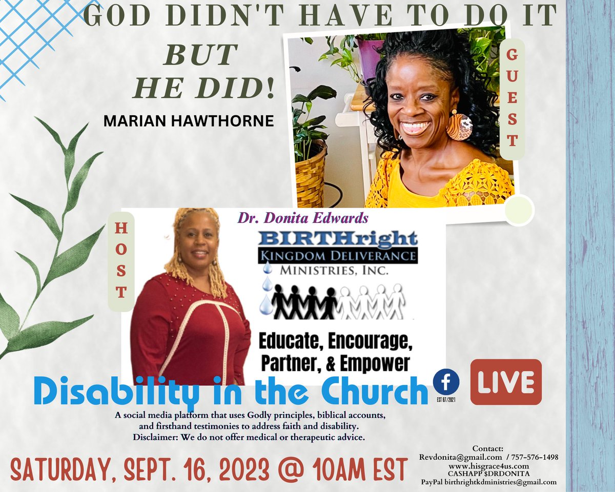 DonitaEdwards9's tweet photo. Sneak preview: Disability in the Church LIVE special guest, Marian Hawthorne. God didn't have to do it, but He did! Behind her beautiful smile is a road that not many have traveled. #Ability Join us on 9/16/23 @10AM EST. https://t.co/dkoi3IiLmW