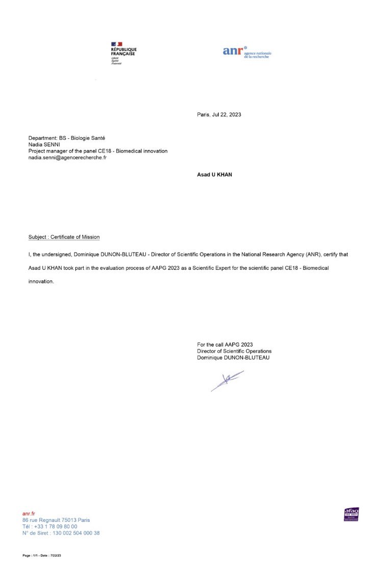 I m honoured to be scientific expert for scientific panel Biomedical Innovation to review Research grants invited by ANR France