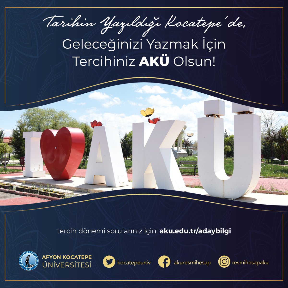 Üniversite adaylarını Afyon Kocatepe Üniversitesine bekliyoruz...  Aday bilgi sayfası için⬇️ 
aku.edu.tr/adaybilgi 
#AfyonKocatepeÜniversitesi #yks2023 #ykssonucları