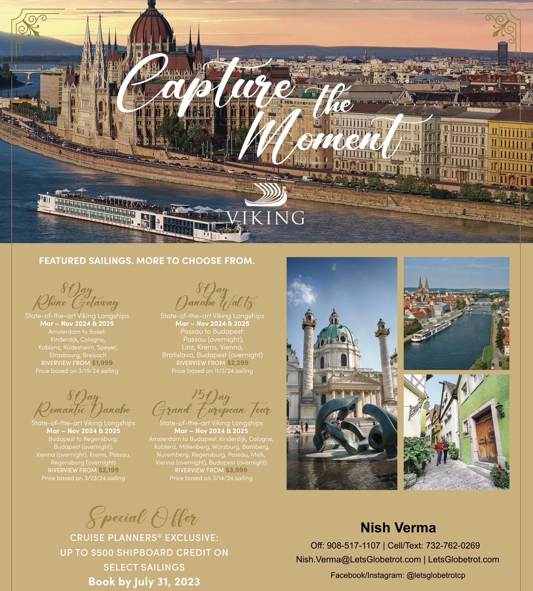 The next time you travel, make it destination-focused & culturally enriching along the iconic rivers of Europe. EXCLUSIVE OFFERS with up to $500 in ship-board credits & discounted air, plus more. 😊

#viking #rivercruise #vikingrivercruise #Travel #letsglobetrot #europe #cruise