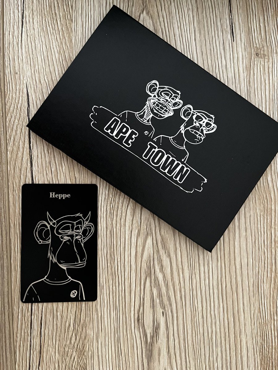 Don’t know where to start, got two dope things today in the mail. First I start with my metal ID card made by <a href="/BalouBAYC/">Balou.eth</a> and his team! Turned out pretty cool, has an NFC and a QR that leads to my Twitter ( or what ever you prefer ) thanks! #madebyapes <a href="/BoredApeYC/">Bored Ape Yacht Club 🍌</a>