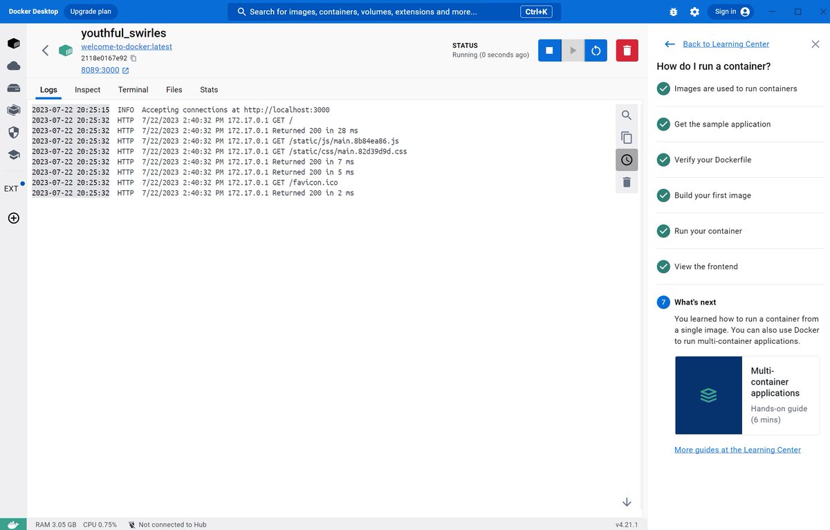 SButang's tweet photo. Day 52 of #60DaysOfLearningWithLeapfrog
Today I installed Docker Desktop. With the help of learning centre provided by the application, I learnt and visualized what is a container. How to run create images and run a container.
#LearningWithLeapfrog
#LSPPD52 https://t.co/At4HW3DUwu