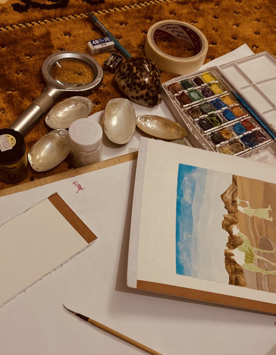 WIP 🖌️🎨🐚

#art #miniaturepainting #watercolorpainting #textures #camel #pahariminiature #foliage #winsornewton #squrrielbrush #vasli #shells #magnifyingglass #drawingboard #burnisher #maskingtape #artmaterial #bfa #fineartist #sialkotiartist #azmaasad