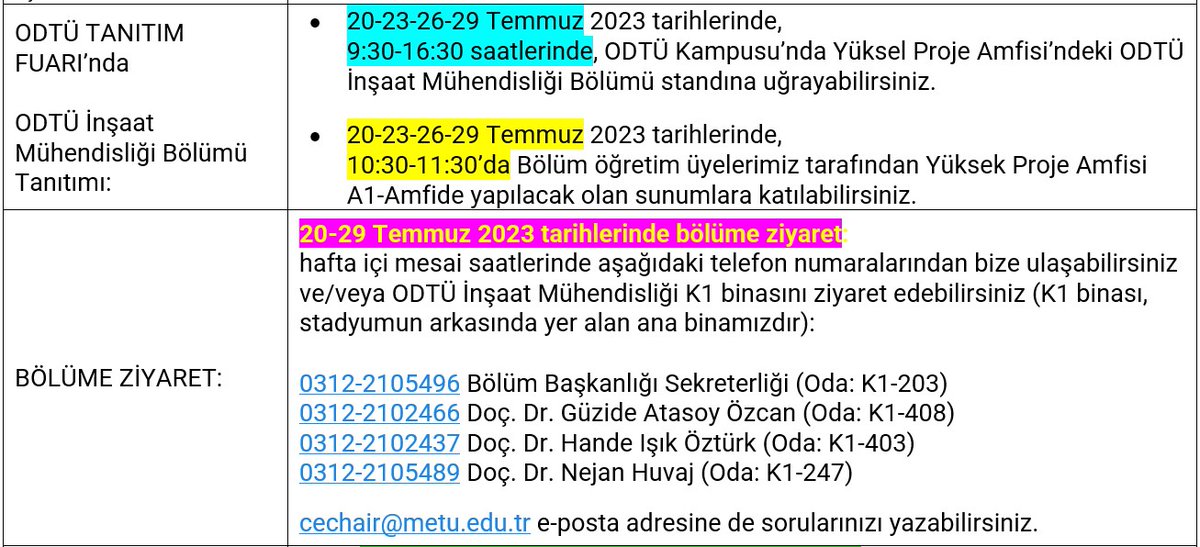 📢ODTÜ İnşaat Mühendisliği Bölümü–2023 Lise Öğrencileri İçin Tanıtım  

ODTÜ Kampusu'nda Yüksel Proje Amfisi'ndeki standımızı ziyaret edebilir,öğretim üyelerimizin yapacağı sunumlara katılabilirsiniz

Ayrıca 20-29 Temmuz'da bölümümüzü ziyaret edebilirsiniz
ce.metu.edu.tr