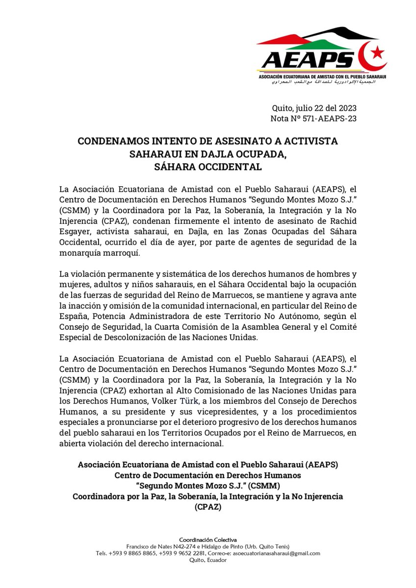 RASDEcuador's tweet photo. #DescolonizaciónYa #RachidEsgayer | #AEAPS #CSMM #CPAZ #PLACSO | Condenamos intento de asesinato a activista saharaui en Dajla Ocupada, Sáhara Occidental. https://t.co/DAghZW5R5J