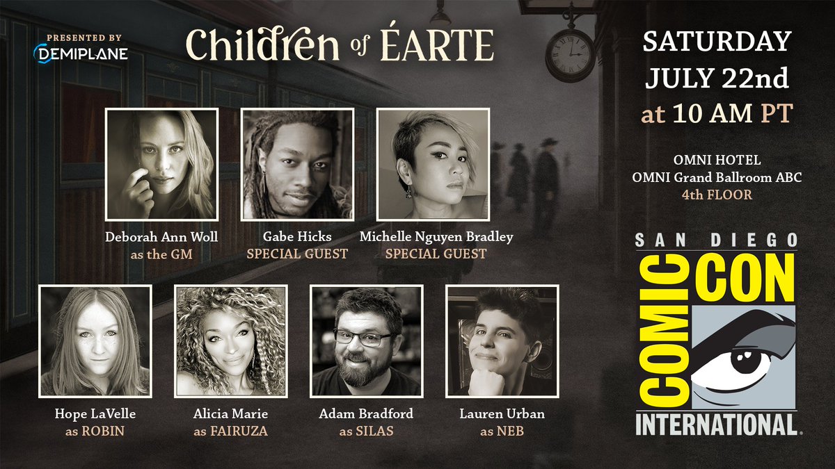 So excited #ChildrenOfÉarte today at 10am at SDCC! Join us in the Omni 4th floor TTRPG theater!
With Dm @DeborahAnnWoll, and players @TheHopeLaVelle, @AliciaMarieBODY, @BadEyeAdam, @OboeLauren, @GabeJamesGames & I!