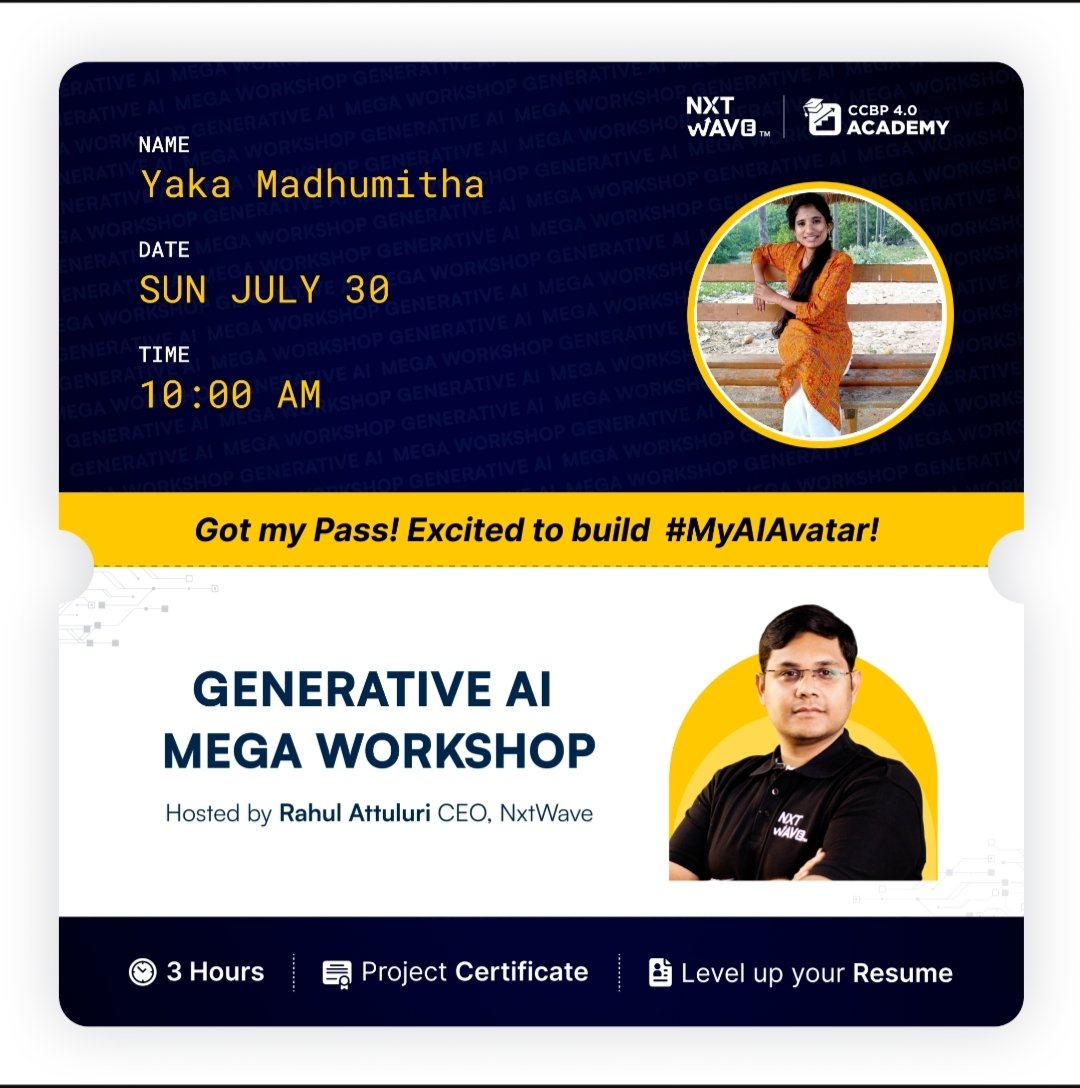 I am very excited to participate in the GENERATIVE AI MEGA WORKSHOP 🔥
#ccbp   #ccbpian   #artificialintelligence #workshop  #certificate #aiavatars  #excitedtolearn  #participation  #nxtwaveteam #nxtwaverahulattulurisir 
Thanks to Rahul Attuluri 🎉