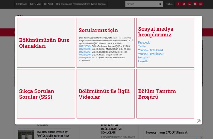 📢ODTÜ İnşaat Mühendisliği Bölümü–2023 Lise Öğrencileri İçin Tanıtım

Bölüm internet sayfamız: ce.metu.edu.tr

Sıkça Sorulan Sorular: ce.metu.edu.tr/tr/aday-sss

Bölümümüzle ilgili videolar: ce.metu.edu.tr/tr/videolar

Bölümümüzün Burs Olanakları: ce.metu.edu.tr/tr/burs