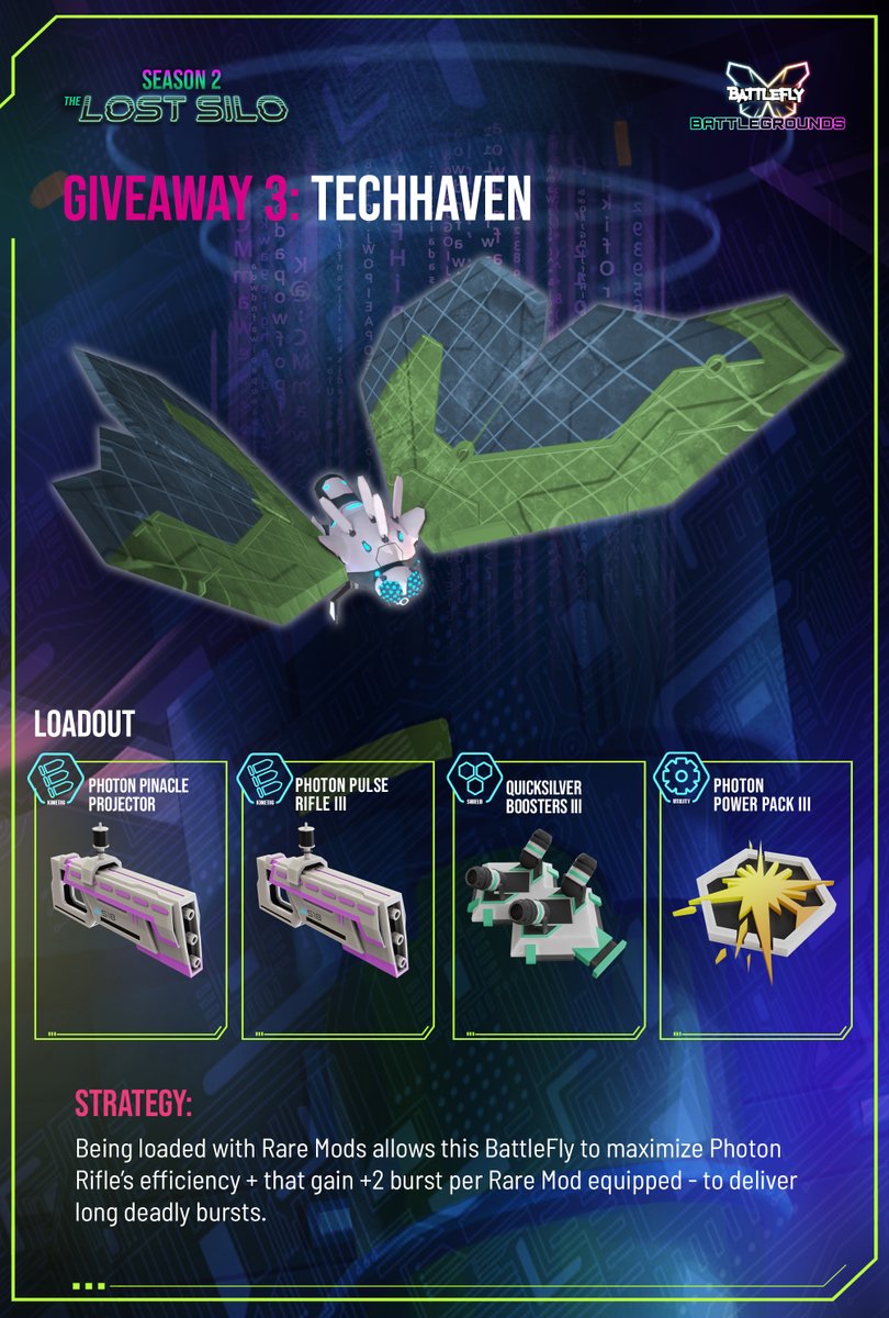 BattleFlyGame's tweet photo. 📣 Day 3 of the Lost Silo Giveaway

Introducing TechHaven

This one-of-a-kind killing machine is designed to deliver long deadly bursts to any Fly that gets in his way. You definitely want this guy in your army.

To enter: Just Like and RT 

#BattleFlySeason2 #Web3game https://t.co/HmccaDRK4n