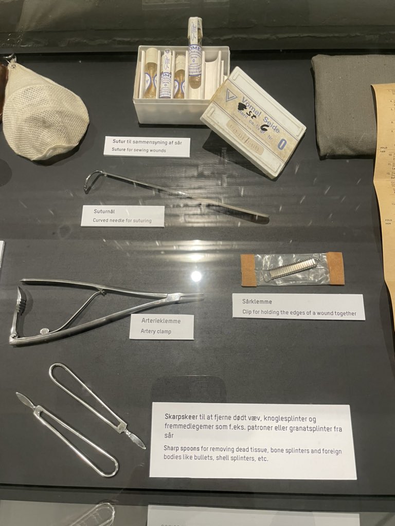 GPacyk's tweet photo. Equipment for field #hospital &amp; #surgery: Esmarch’s mask, surgery needle, sutures, artery clamp, #transfusion box &amp; patient record card from 1950s, #ColdWarMuseum #Stevnsfort #Sjælland #Denmark #famemma #ColdWar #Medicine #HistMed https://t.co/3tiYBPTsZs