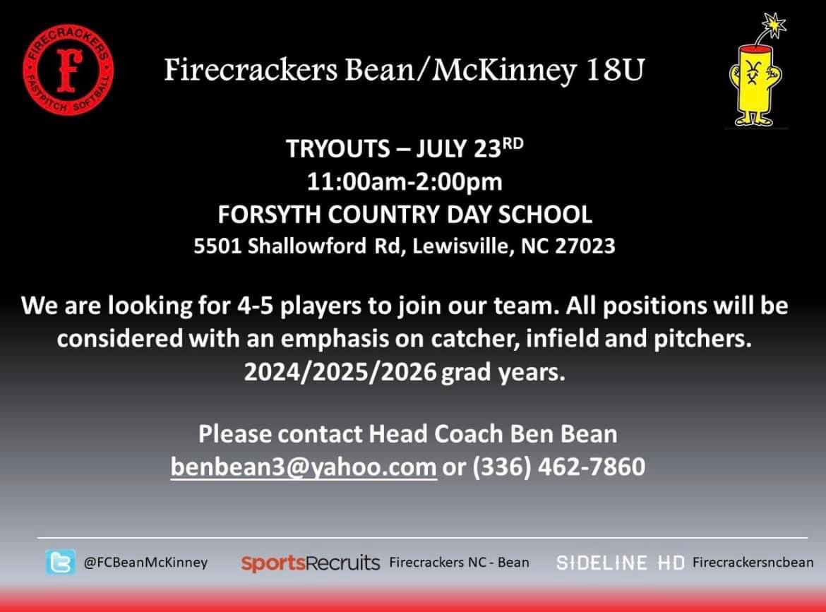 Mia Wraight (@miawraight2024) on Twitter photo Are you looking for a new family this fall? We have teammates who are moving on to college this fall for academics and sports. We are going to miss them but need to fill their spots. Looking for competitive teammates, come on out tomorrow!! #tryouts #firecrackers <a href="/FCBeanMcKinney/">Firecrackers NC Bean/McKinney</a> Are you looking for a new family this fall? We have teammates who are moving on to college this fall for academics and sports. We are going to miss them but need to fill their spots. Looking for competitive teammates, come on out tomorrow!! #tryouts #firecrackers <a href="/FCBeanMcKinney/">Firecrackers NC Bean/McKinney</a>