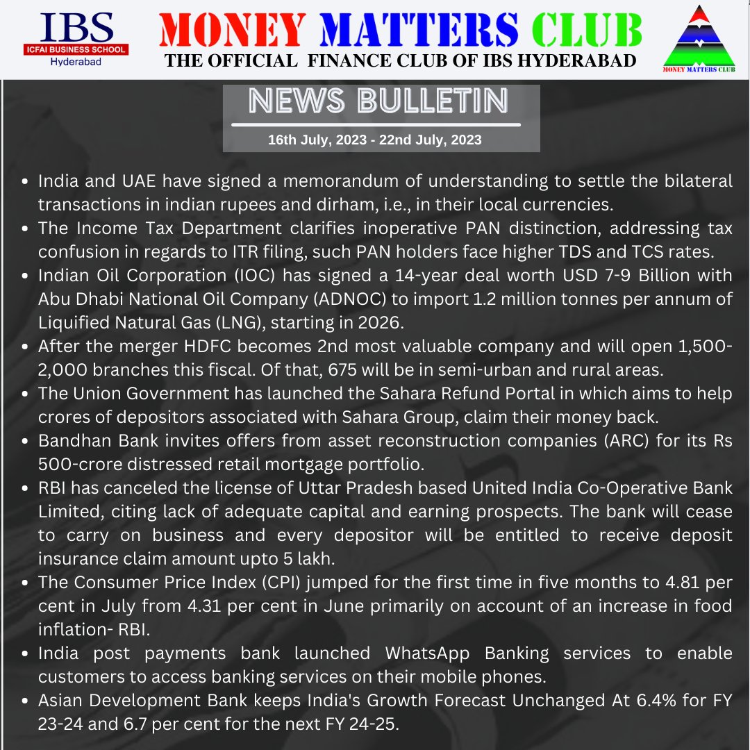 MMCibsHyd's tweet photo. News highlights of the week 🗞️📰
#MoneyMattersClub
#IBSHyderabad
#BeyondTheRealmsOfFinance
#NewsInShort
#FinanceNews
#WeeklyUpdate
#OfficialFinanceClub
#NewsBulletin https://t.co/RUCJNZc11U
