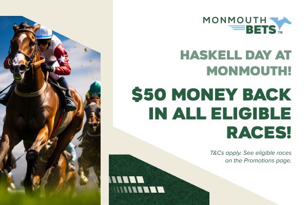 InTheMoneyMedia's tweet photo. Our friends over @MonmouthBets are offering a great #HaskellDay special to all eligible new users!
What better way to 💵 tickets then money back on fixed odds?!
#MonmouthPark https://t.co/JURENJCINy