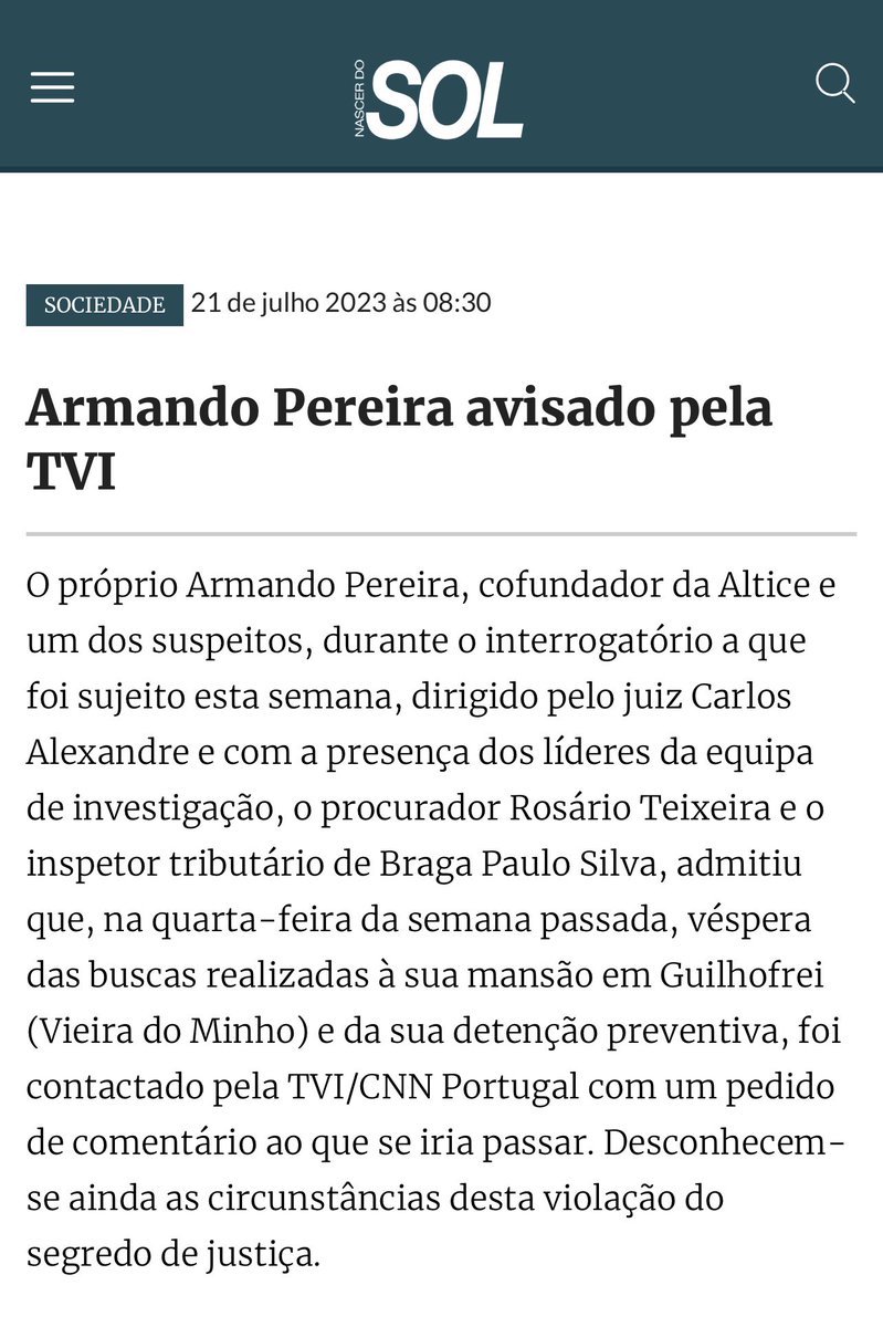 nsantini2's tweet photo. FALSO 
Esta notícia, publicada na primeira página do Sol, e hoje replicada pelo CM é falsa. Nunca, em nenhum momento, qualquer jornalista da TVI confrontou Armando Pereira com o Processo
Uma chamada teria esclarecido a questão,  mas normalmente a verdade estraga uma boa história https://t.co/taYFFrpYHv