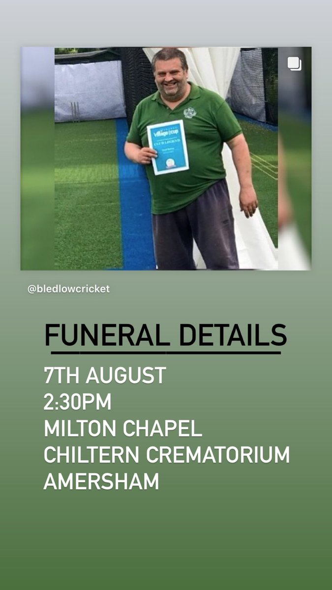 bledlowcricket's tweet photo. Details of our club legend Geoff Bishop “Bish” funeral. 
For those that may want them. 
@Cherwellcricket if you can retweet’s for any other clubs that have got to know him over his many years scoring. https://t.co/zxeGEM3HLv
