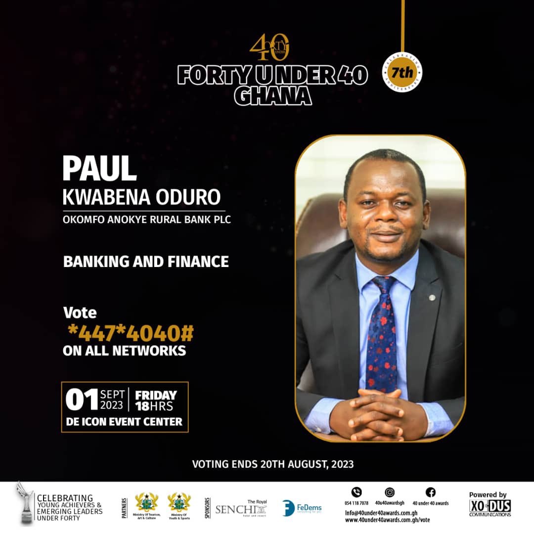 OARB_Bank's tweet photo. I’m extremely proud to inform you that our CEO, Mr. Paul Kwabena Oduro has been nominated to be part of the Young  Achievers &amp; Emerging Leaders who are under Forty.
Vote on all networks…*447*4040#
#1MillionVotes4PKO
#GOAT𓃵 
#OkomfoAnokyeRuralBank https://t.co/hHsGZThbu8