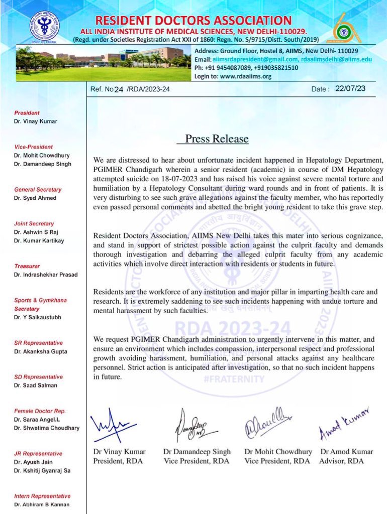 AIIMS RDA takes strict cognizance of unfortunate incident of attempt to suicide by a DM Hepatology SR in PGI Chandigarh due to mental torture and harrasment by a faculty member. We stand strong with our colleague and demand enquiry and strict action against guilty.
#MedTwitter