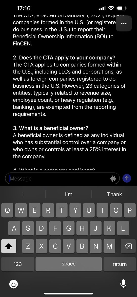 Having fun today with ChatGPT to create a news bulletin for clients about the Corporate Transparency Act reporting requirements for US companies. I dictate into my phone and ChatGPT revises. #boi #cta  Bonus! Since the Act was signed into law jan 1, 2021, it’s within the LLM