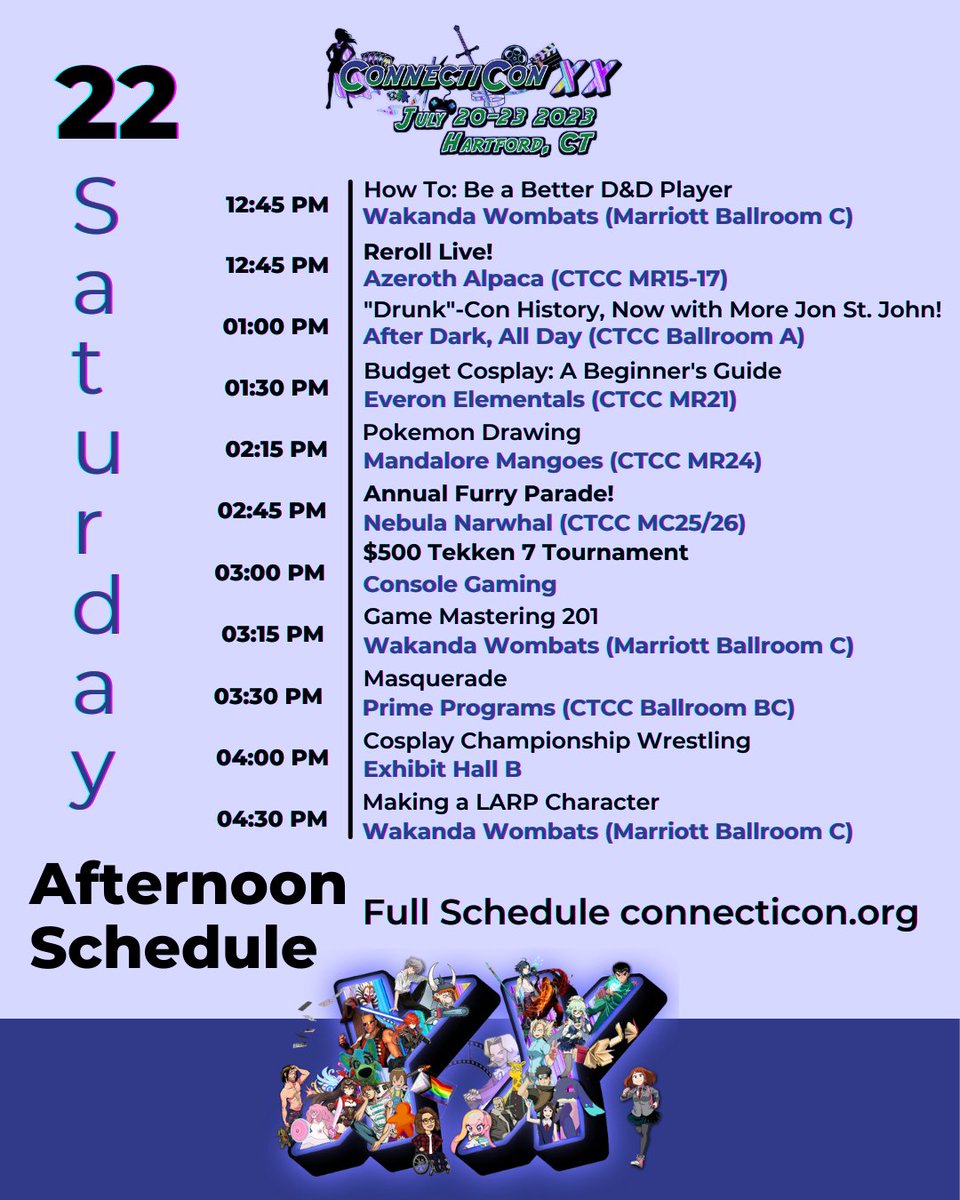 Ah yes, the Ides of Saturday. Grab some lunch and enjoy some panels because it only gets better from here. Check out the full ConnectiCon XX schedule here: buff.ly/3O4lvMc