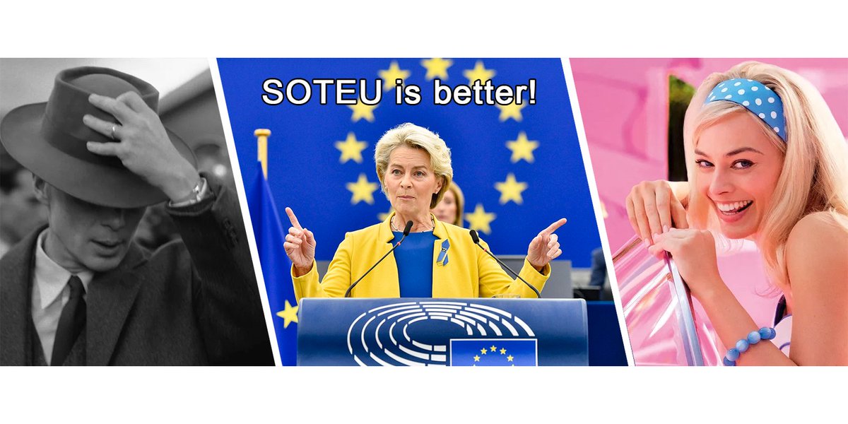 meme_ec's tweet photo. Still discussing whether #Barbie is better than #Oppenheimer? The only media event of the summer is #SOTEU2023! https://t.co/UgVjO0IfEM
