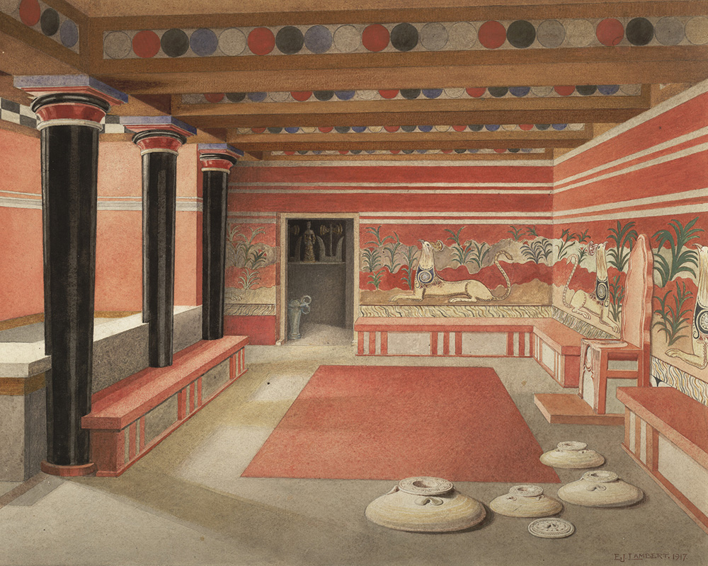AshmoleanMuseum's tweet image. There’s just over a week to join us to discover the Palace of Knossos and the search for the Labyrinth. ⁠
⁠
These watercolours imagine what some of the original rooms of the Palace would&apos;ve looked like. 🧵

#LabyrinthAshmolean