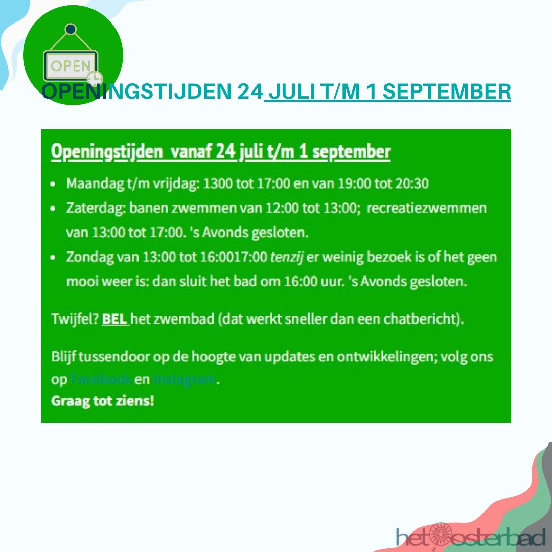 𝐙𝐨𝐦𝐞𝐫𝐯𝐚𝐤𝐚𝐧𝐭𝐢𝐞, 𝐞𝐧 𝐨𝐧𝐳𝐞 𝐨𝐩𝐞𝐧𝐢𝐧𝐠𝐬𝐭𝐢𝐣𝐝𝐞𝐧 nog even goed in beeld. En laten we hopen dat er tot de sluitingsdatum nog heel veel heerlijk weer onze kant op komt! Ga jij weg, of kom je (ook nog) lekker plonsen bij ons? #hetoosterbad #aalsmeeroost