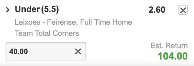 Stan4Chain's tweet image. Leixoes v Feirense 🇵🇹

🔹Stake £32 on Leixoes 6+ total corners on Sky Bet 🔵

🔹Stake £40 on Leixoes under 5.5 total corners on Betway ⚪️

🔹Guarantees £32 🔥

#PortugueseCup #ArbitrageBet