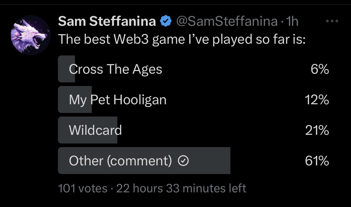 You know why “other” has so much weight? Because these polls are somehow always missing the good web3 games. #superior #spidertanks #mirandus #twde #lastexpedition #eternalparadox #legendsreborn #championsarena 👀