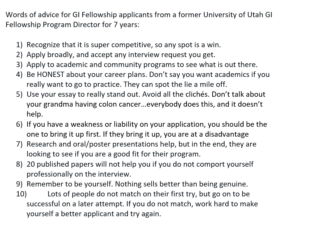 DouglasAdlerMD's tweet photo. Here are my Top Tips for applying to GI fellowship. #gitfellowship #gitwitter @taliafmalik @ASGEendoscopy @GIE_Journal https://t.co/NQLwLTenB5