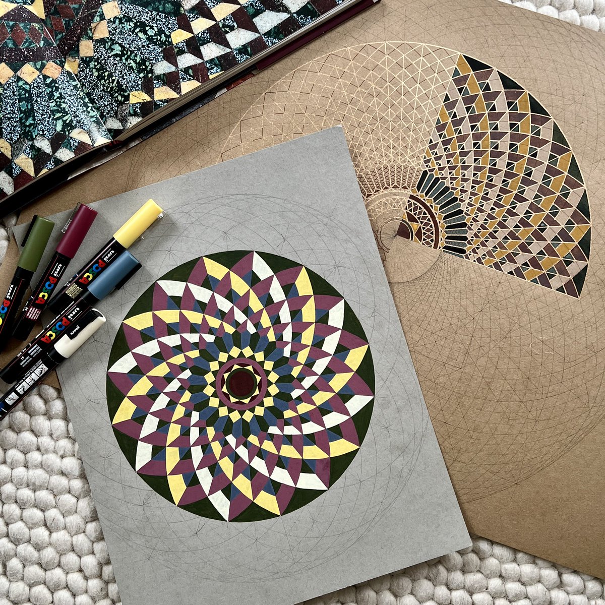 Love me a bit of sofa time with my Posca pens :) 

Working on a simplified version of this stunning San Marco radial floor mosaic, for my Geometric Church Pavements course.  

Still not decided: do I outline it in gold pen?!
