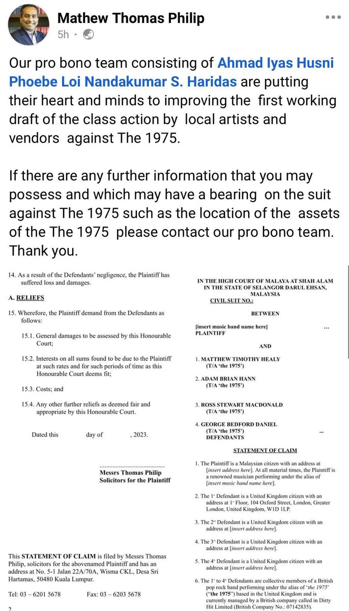 Lawyer Mathew Thomas Philip and a group of lawyers will be representing local artists pro bono in a class action suit against The 1975, over lost income caused by the cancellation of the Good Vibes Festival. The team is also considering if vendors can be added to the suit.