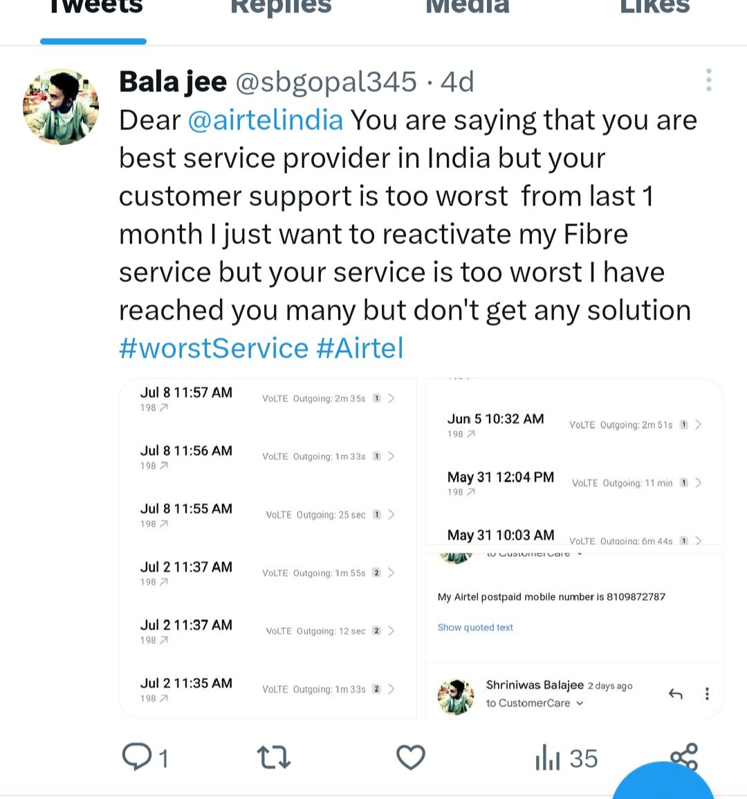 sbgopal345's tweet image. Dear @airtelindia @Airtel_Presence 
Have you serious about your Post paid customer, From last 1 month I am only want Reactivate my broadband connection which was Disconnected by your side without any Region #Worstserviceprovider @gopalv108 @jagograhakjago @TRAI @JioCare #Portsim