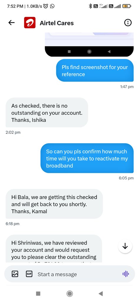 sbgopal345's tweet image. Dear @airtelindia @Airtel_Presence 
Have you serious about your Post paid customer, From last 1 month I am only want Reactivate my broadband connection which was Disconnected by your side without any Region #Worstserviceprovider @gopalv108 @jagograhakjago @TRAI @JioCare #Portsim