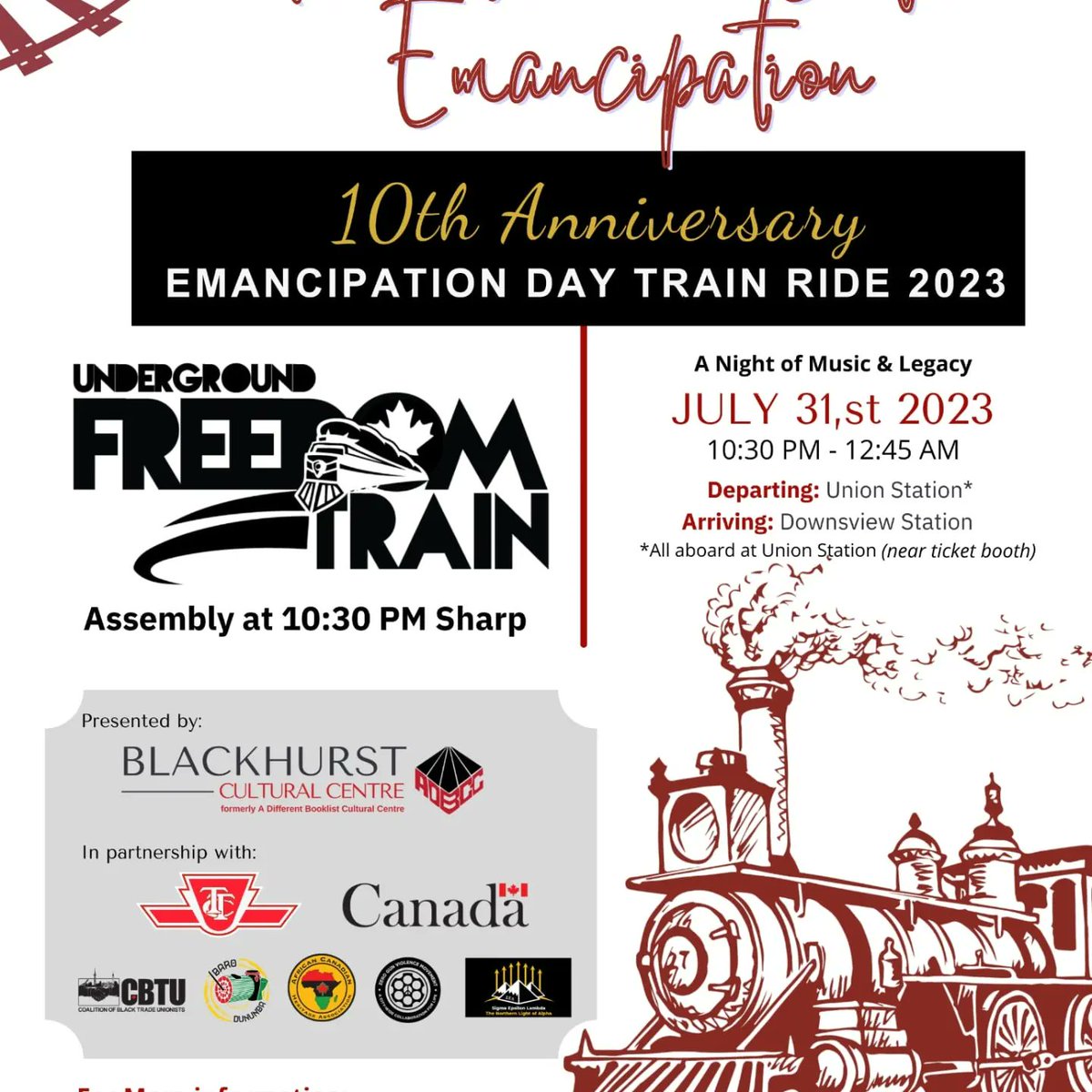 FreedomTrainTOR's tweet image. 10th anniversary Underground Freedom Train Ride scheduled to leave Union subway station on July31st at 10:30pm - traveling north to Downsview Park subway station to welcome in Emancipation Day at 12:20am on August 1st @CABR_Toronto @LouisMarchTO @ADFRNTBooklist @CARICOMorg