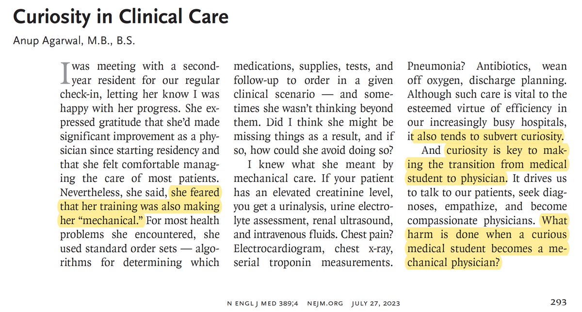 EricTopol's tweet photo. "Exercising curiosity at the bedside — which is not
always incompatible with efficiency— is how we cultivate relationships with our patients, how
we diagnose disease, and most important, how we advance the art of medicine." https://t.co/TlDUpQeXUi https://t.co/aPBt5ZVPwg