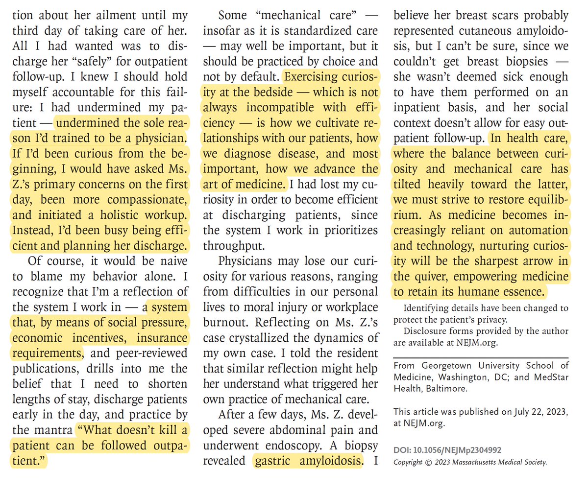 EricTopol's tweet photo. "Exercising curiosity at the bedside — which is not
always incompatible with efficiency— is how we cultivate relationships with our patients, how
we diagnose disease, and most important, how we advance the art of medicine." https://t.co/TlDUpQeXUi https://t.co/aPBt5ZVPwg