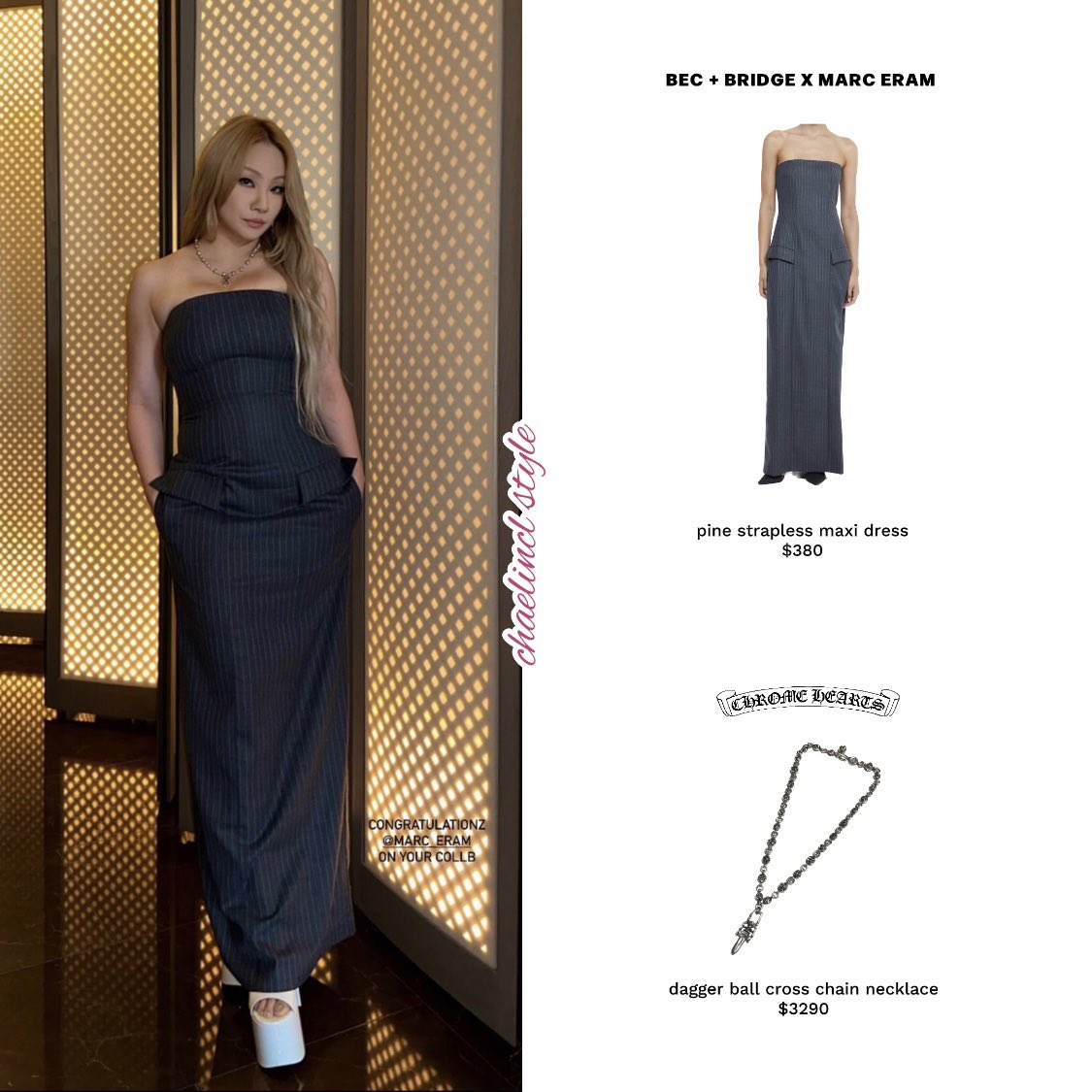 chaelinclstyle's tweet photo. [230722] CL IG update

•#becandbridge x Marc Eram pine strapless maxi dress
•#chromehearts dagger ball cross chain necklace

#CL #씨엘 @chaelinCL https://t.co/4ijaRruntl