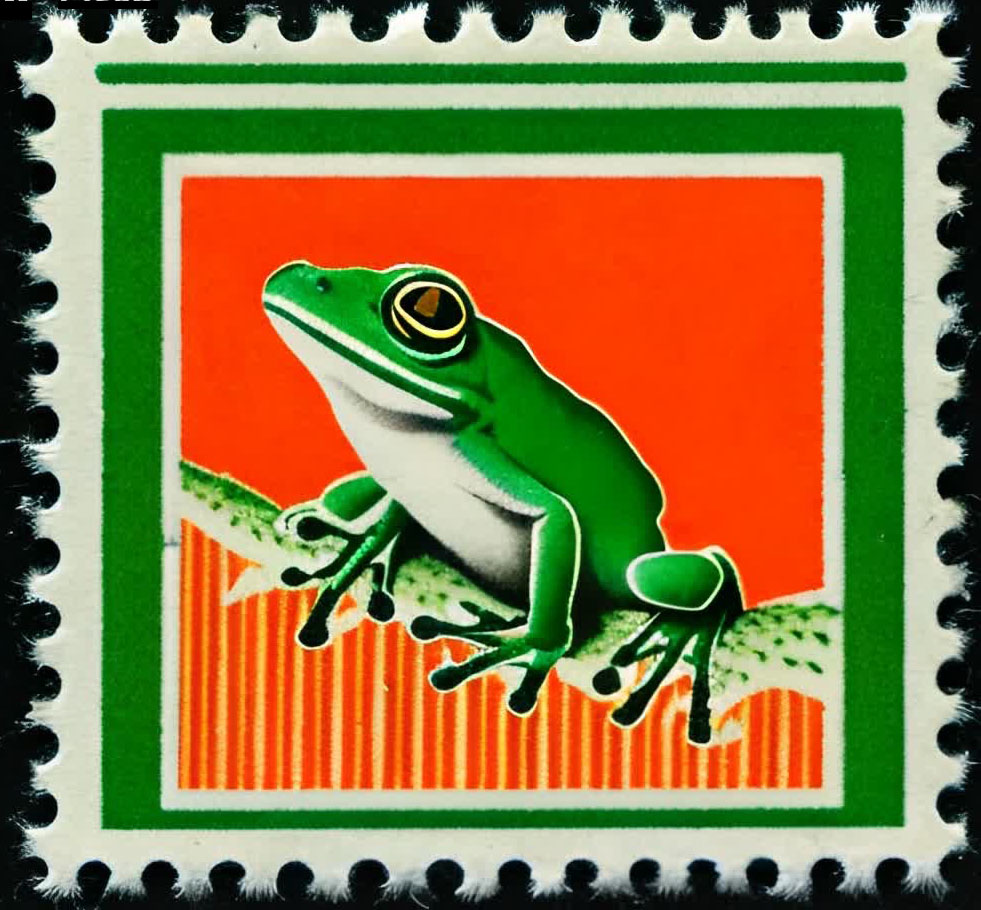 positivelypost's tweet photo. AI green frog #stamp #stampcollecting #stamps #philately #green #frog #orange #aistamp https://t.co/eULzrlKH4z