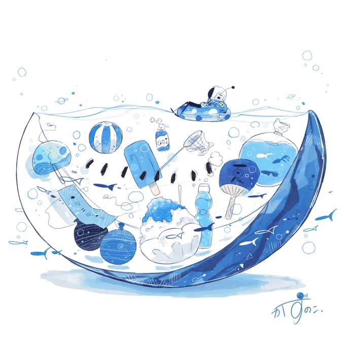 夏いっぱいのスイカ  #イラスト #夏