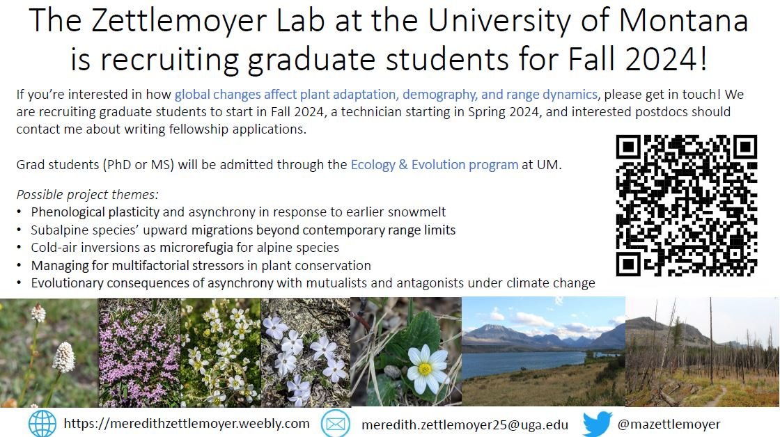 Dr Meredith Zettlemoyer (@mazettlemoyer) on Twitter photo #Botany2023 I'm recruiting grad students for my new lab
<a href="/umontana/">University of Montana</a>
- if you're interested in plant demography, adaptation, and range shifts, please get in touch #Botany2023 I'm recruiting grad students for my new lab
<a href="/umontana/">University of Montana</a>
- if you're interested in plant demography, adaptation, and range shifts, please get in touch