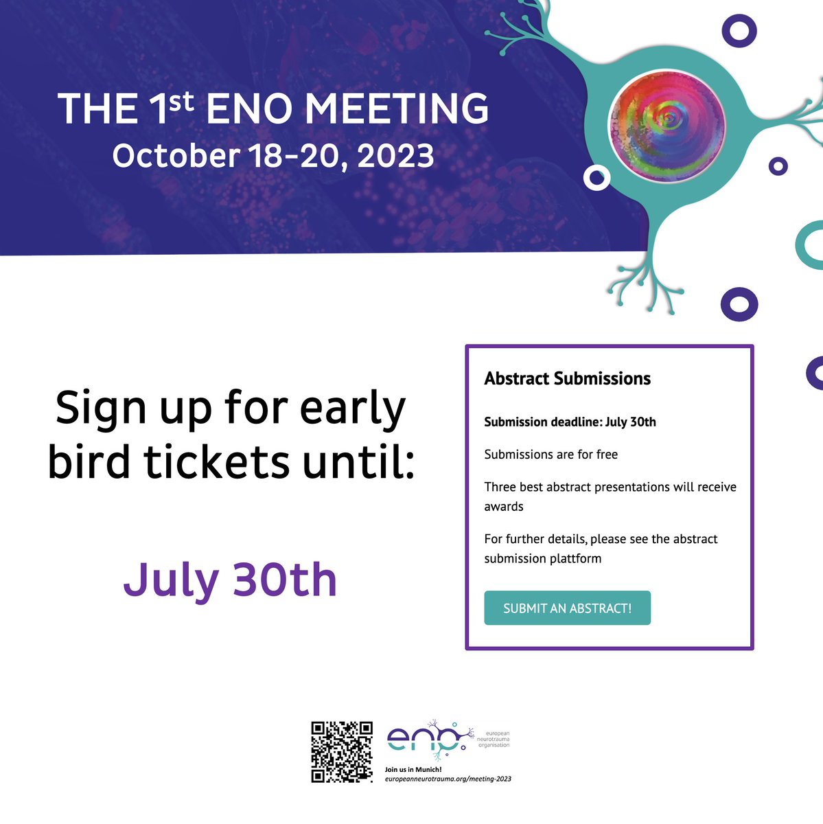 Important Call: Don't miss the deadline to sign up for an early bird ticket and submit your abstract for the 2023 ENO conference! 
This is your chance to share your insights, showcase your work, and be part of the latest neurotrauma research.
#ENO2023 🧠🧠
europeanneurotrauma.org/meeting-2023