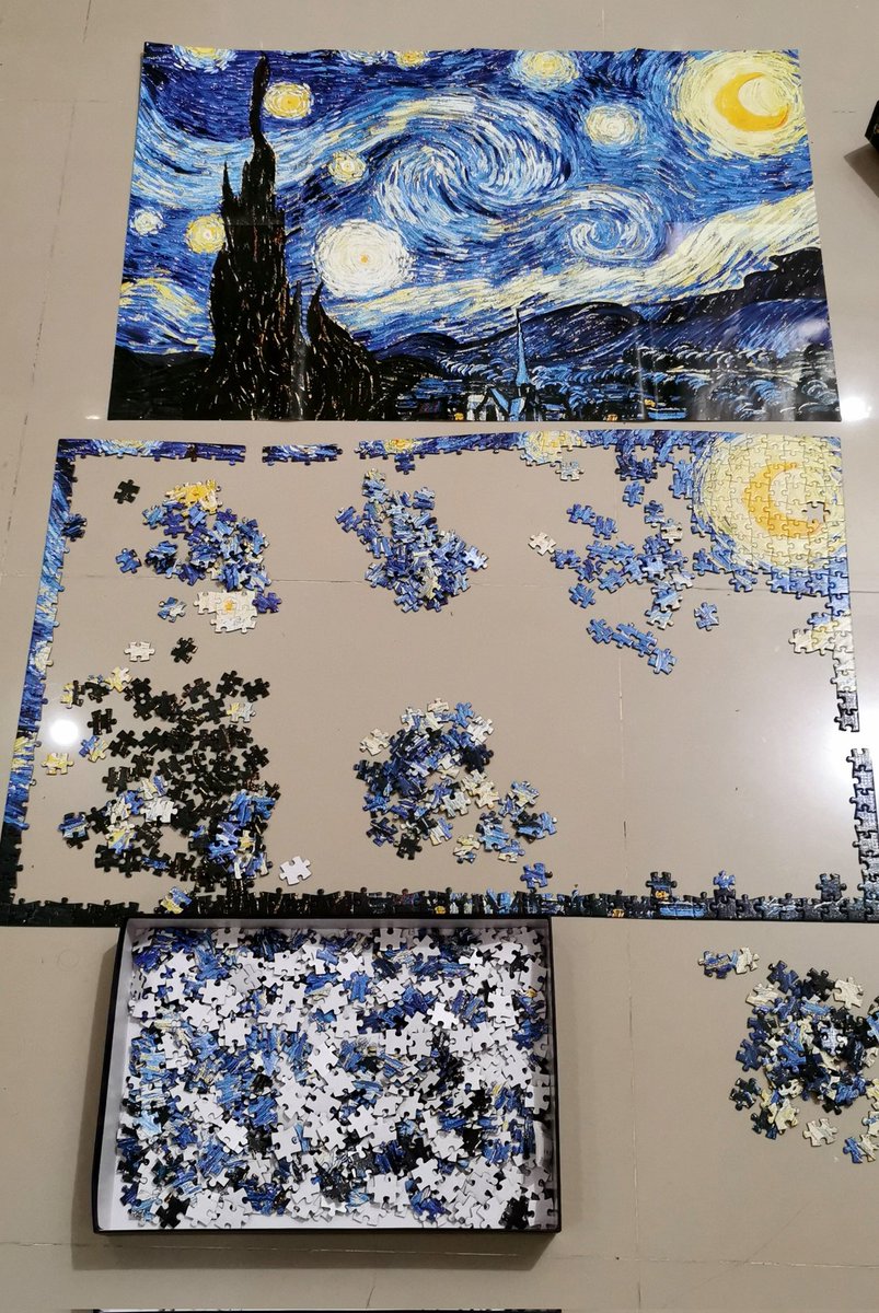 👩‍🦰 : Beli puzzle yuk 
👨‍🦱 : Yuk. Mau yang berapa?
👩‍🦰 : 1000 aja. Biar menantang
👨‍🦱 : Oiya kita kan cerdas

Setelah 5 jam:
