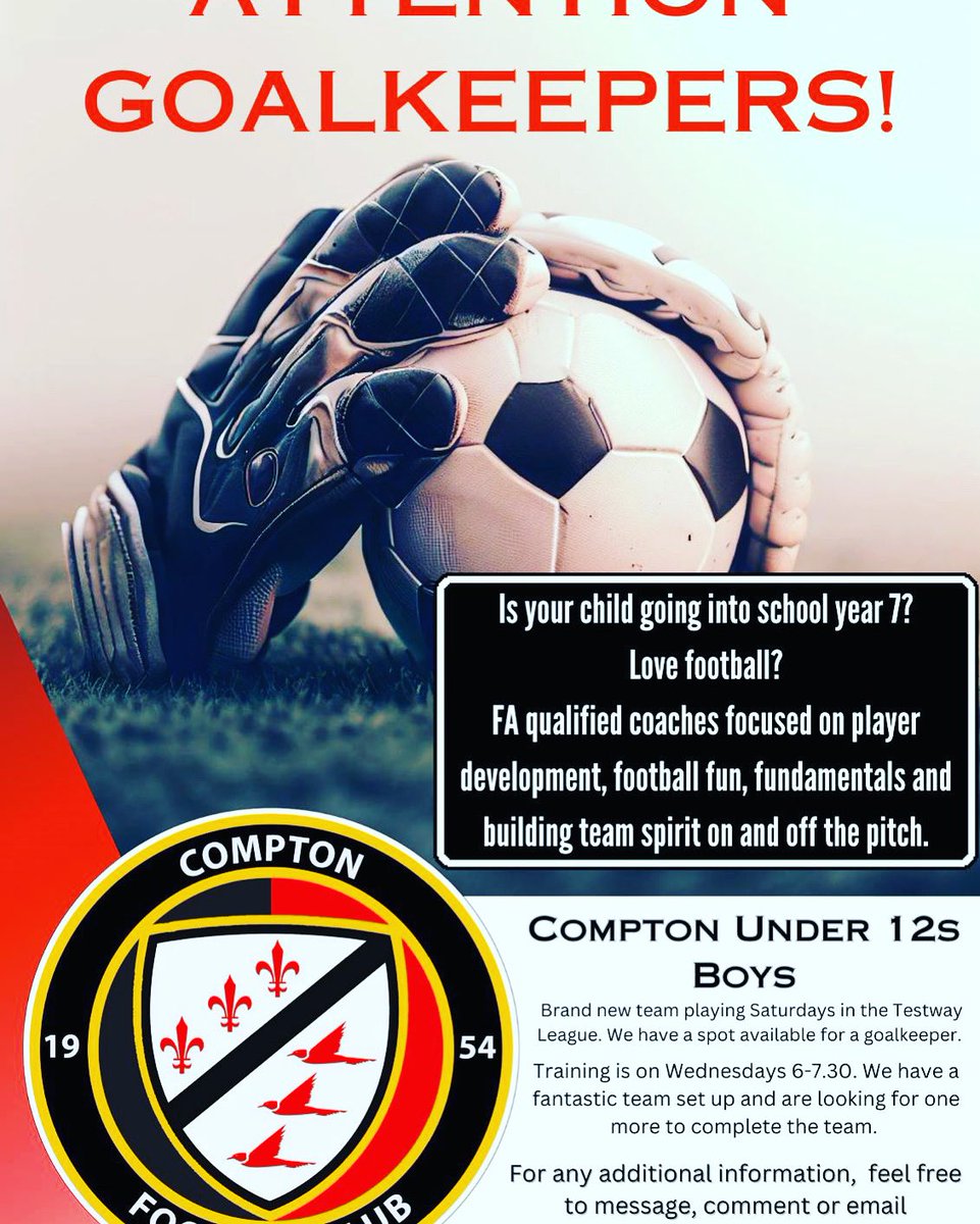 And a brand new Team for the boys U12, again building for the future! 

Have a son who loves football and is going into year 7, September 2023 (U7)? then please get in touch.

Please email:
alan@comptonfootballclub.co.uk or 07586 846042

#upthencompton⚫️🔴  #youthfootball