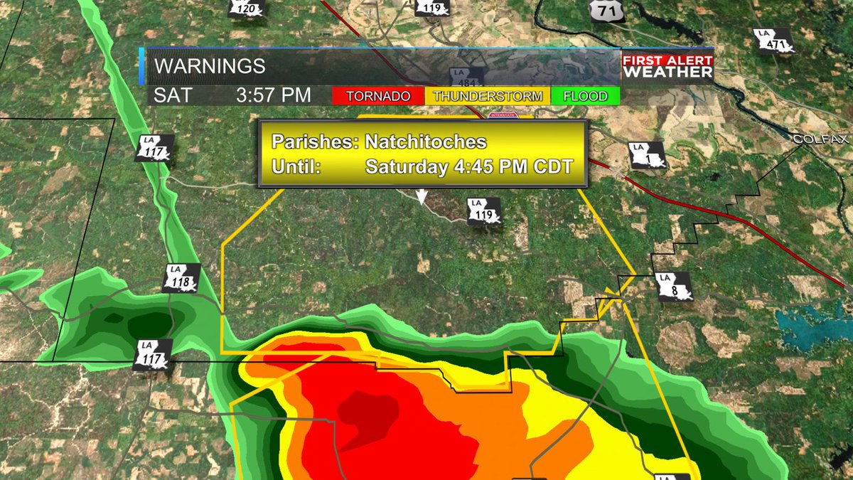 A Severe Thunderstorm Warning has been issued for Natchitoches until Jul 22, 2023 4:45PM. Seek shelter indoors until the storm has passed. Look for weather updates on-air, at KSLA.com or on the KSLA Weather app!
