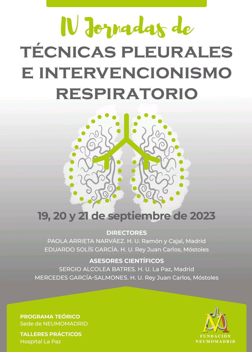 La Dra Arrieta <a href="/HrcServicio/">Servicio Neumología HRyC</a> os espera en las IV Jornadas de Técnicas #Pleurales e #Intervencionismo Respiratorio de <a href="/NeumoMadrid/">Neumomadrid</a> . Disfrutaremos desde el día 19 al 21 de Septiembre de #Neumologia Intervencionista en estado puro! Daos prisa en inscribiros!!! No os lo perdáis!!!!!