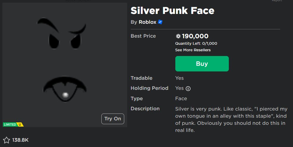 Silver Punk Face Limited Roblox