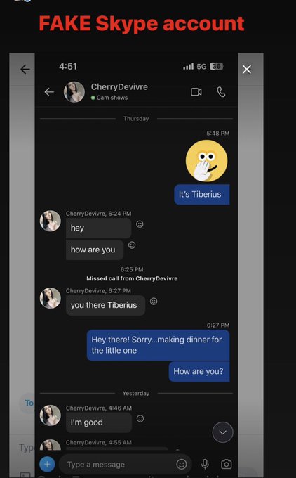 FAKE Skype account 🚨 if you have been in touch with this person block and report them. https://t.co/