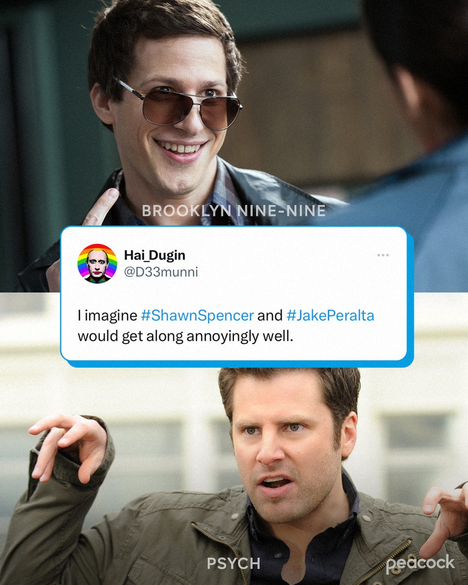 The absolute tomfoolery that would occur with these too is something I would pay to witness. #Brooklyn99 and #Psych are both streaming now on @Peacock.