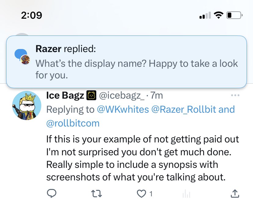WKwhites's tweet photo. @icebagz_ @Razer_Rollbit @rollbitcom Lol. Just figured I’d ask before putting them on blast. Guess I’m not an engagement farming expert like you https://t.co/rUkgC1kdgD