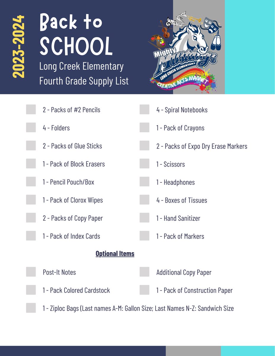 longcreek_cms's tweet photo. Back to School supply lists are available on our website! Visit https://t.co/cM5HVJElQP for a printable PDF version. Post 2 of 2. #mightymustangsrock https://t.co/qalrN6RcMA